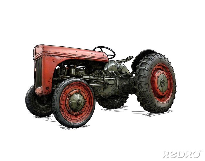 Sticker  Ancienne illustration de tracteur rouge vintage en style cartoon ou bande dessinée. Le tracteur a été fabriqué à Dearborn, dans le Michigan, aux États-Unis ou aux États-Unis de 1939 à 1942 ou de 30 à 