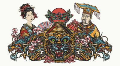 Sticker  Ancient China art. Dragons, tiger head, emperor, queen in traditional costume, fan, lantern and lotus flower. Asian oriental art. Tattoo and t-shirt design