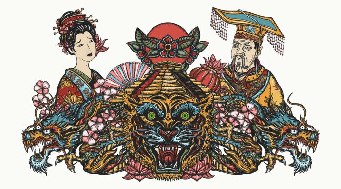Sticker  Ancient China art. Dragons, tiger head, emperor, queen in traditional costume, fan, lantern and lotus flower. Asian oriental art. Tattoo and t-shirt design