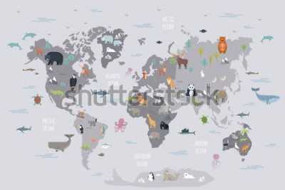 Sticker  Animaux colorés sur une carte grise du monde