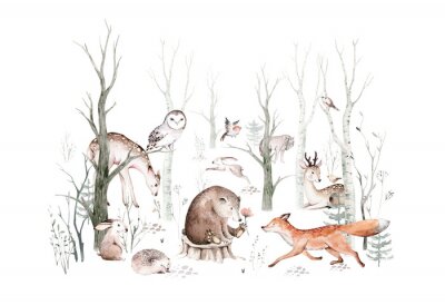 Animaux de la forêt dans un paysage forestier en aquarelle