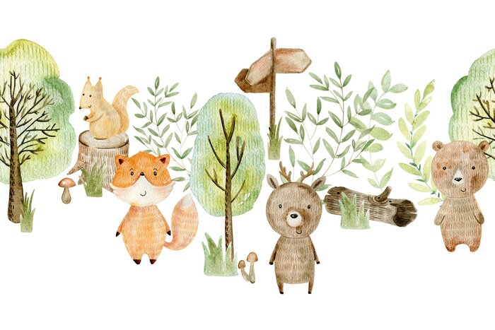 Sticker  Animaux de la forêt entourés d'arbres verts