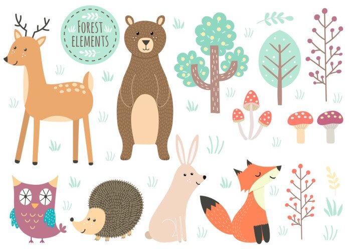 Sticker  Animaux de la forêt et touffes d'herbe