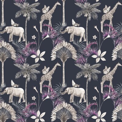 Papier peint à motif  Animaux de safari parmi les plantes tropicales