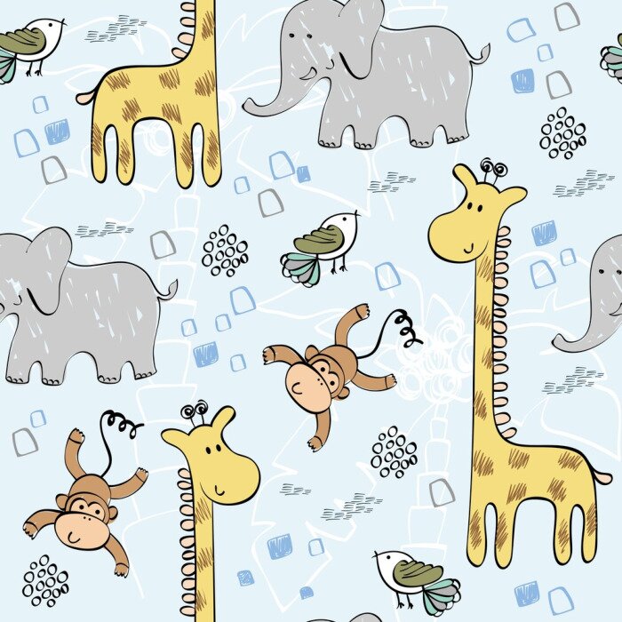 Sticker  Animaux de safari sur fond bleu avec palmiers