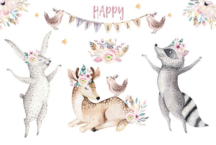 Sticker  Animaux décorés de fleurs célébrant un anniversaire