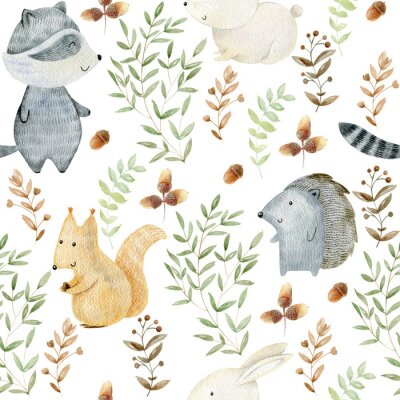 Papier peint à motif  Animaux et plantes de la forêt aquarelle