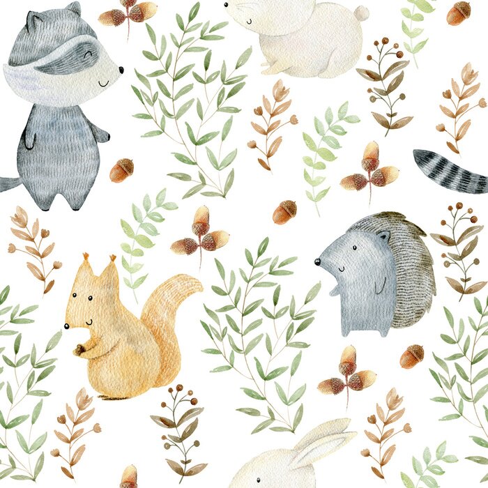 Sticker  Animaux et plantes de la forêt aquarelle