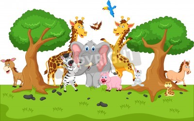 Sticker  Animaux gais sur l'herbe entre les arbres