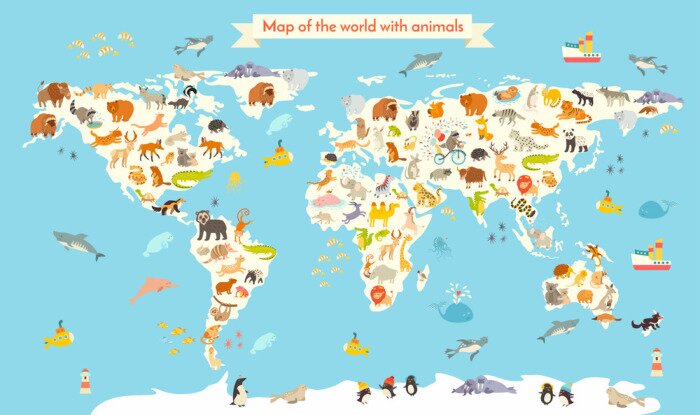 Sticker  Animaux sur une carte du monde pour enfants