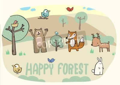 Sticker  Animaux vivant dans l'illustration de conte de fées de la forêt
