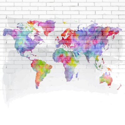 aquarelle carte du monde sur un mur de briques