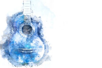 Aquarelle d'une guitare bleue sur fond blanc
