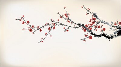 Aquarelle de fleurs de cerisier et branches sur fond clair