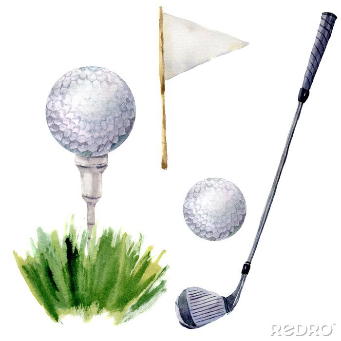 Sticker  Aquarelle ensemble de golf. Golf illustration avec tee, club de golf, balle de golf, drapeau et de l'herbe isolé sur fond blanc. Pour la conception, l'arrière-plan ou le fond d'écran