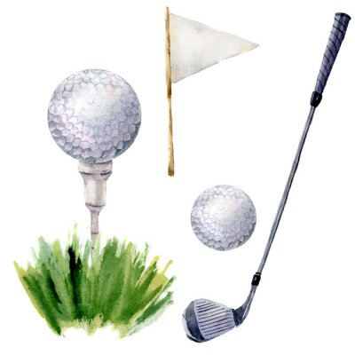 Sticker  Aquarelle ensemble de golf. Golf illustration avec tee, club de golf, balle de golf, drapeau et de l'herbe isolé sur fond blanc. Pour la conception, l'arrière-plan ou le fond d'écran