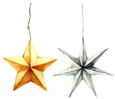 Sticker  Aquarelle étoiles décoration. Étoiles d'or et d'argent peints à la main, isolés sur fond blanc. Jouets de Noël. Illustration de décoration moderne de vacances.