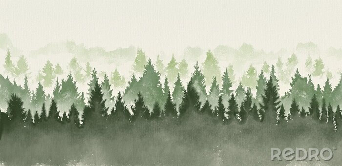 Sticker  Aquarelle forêt dans la brume