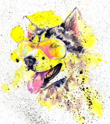 Sticker  Aquarelle, husky, siberien, chien, lunettes, jaune, éclaboussures