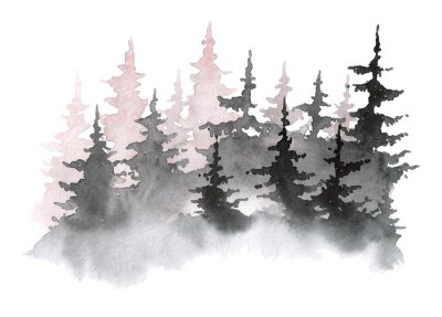 Sticker  Aquarelle illustration dessinée avec forêt. silhouette d'une pinède. Fond de forêt pour inscription calligraphique.