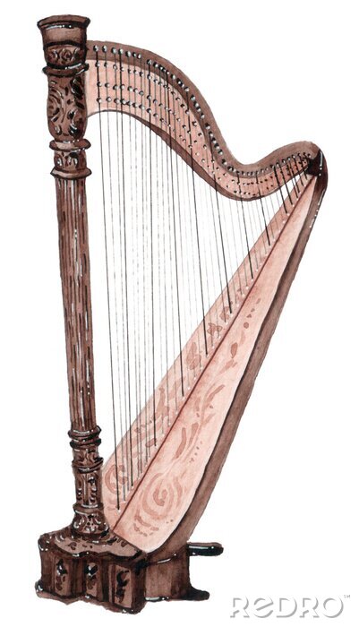 Sticker  Aquarelle instrument à cordes musicales, harpe isolé sur fond blanc