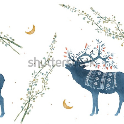 Sticker  Aquarelle modèle sans couture avec branches dérivées, brins d'herbe.