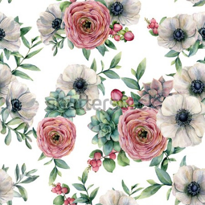 Sticker  Aquarelle modèle sans couture avec succulente, ranunculus, anémone. Fleurs peintes à la main, feuilles d'eucaliptus et branche succulente isolée sur fond blanc. Illustration pour la conception, l&
