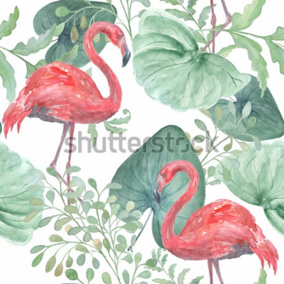 Sticker  Aquarelle motif tropical transparent avec des feuilles tropicales, oiseaux flamingo sur fond blanc.