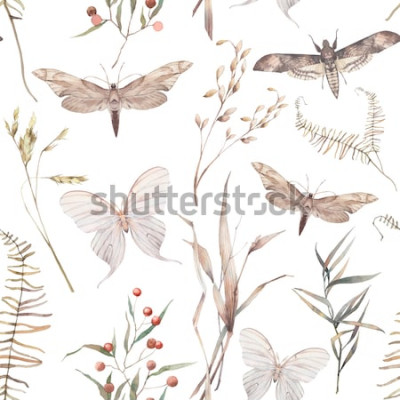 Sticker  Aquarelle papillon et l'été modèle sans couture d'herbes de champ. Texture peinte à la main avec des éléments botaniques: plantes, herbes, baies, fougère, feuilles. Fond répétitif naturel