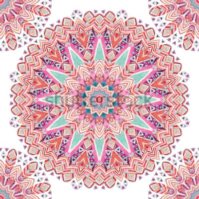 Sticker  Aquarelle plumes abstraites ethniques ornées modèle sans couture de mandala. Point ajouré avec plumes tribales, motif géométrique sur fond blanc. Illustration d'art peint à la main pour boho, desi