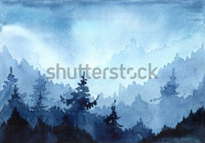 Sticker  Aquarelles illustration dessinée avec forêt d'hiver. Paysage d'hiver avec des arbres de Noël. carte de Noël