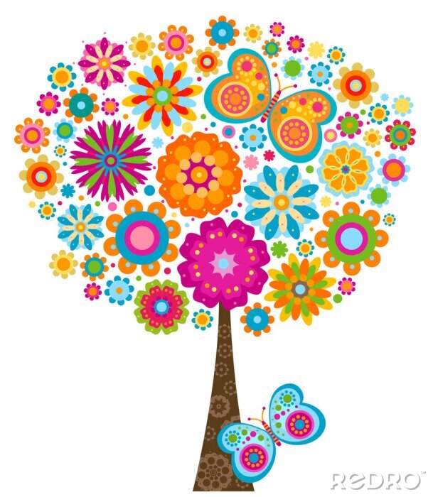 Sticker  Arbre avec des fleurs colorées et des papillons