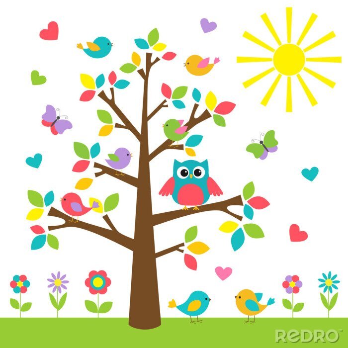 Sticker  Arbre et hibou en couleurs