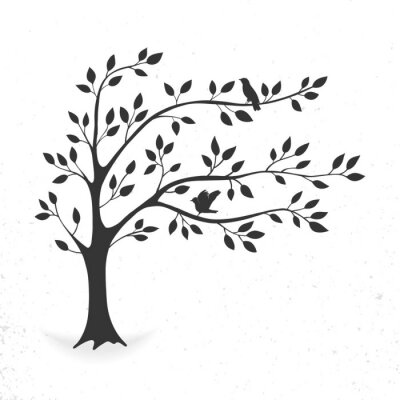 Sticker  Arbre noir et blanc avec des oiseaux assis