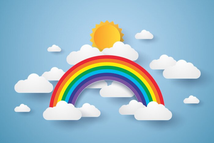 Sticker  Arc-en-ciel avec un ciel bleu avec des nuages et le soleil en arrière-plan