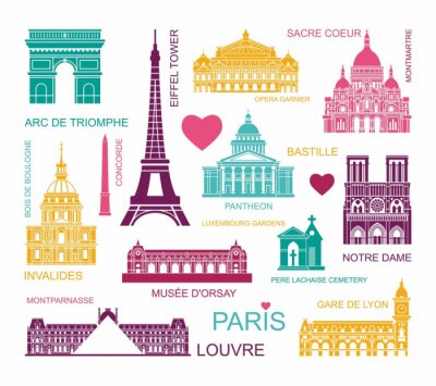 Sticker  Architectural and historical sights of Paris. Set of color high quality icons