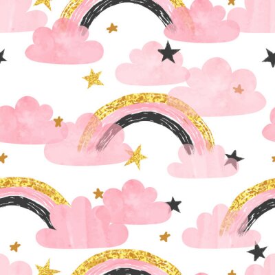 Sticker  Arcs-en-ciel, nuages roses et étoiles
