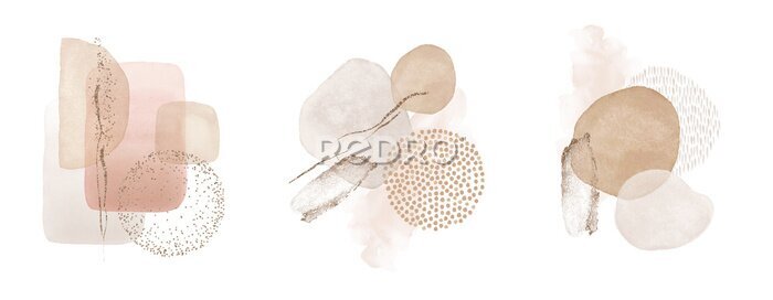 Sticker  Arrangements. Blush, pink, ivory, beige watercolor Illustration and gold elements, on white background. Abstract modern print set. Logo. Wall art. Poster. Business card.