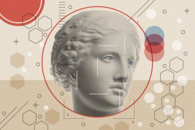 Sticker  Art collage with antique sculpture of Venus face and numbers, geometric shapes. Beauty, fashion and health theme. Science, research, discovery, technology concept. Zine culture. Pop art style.