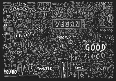 Sticker  Art de la cuisine de tableau noir, art de mur de lettrage de tableau noir, signe de tableau de cuisine. Conception de modèle de café. Typographie de mur de restaurant.