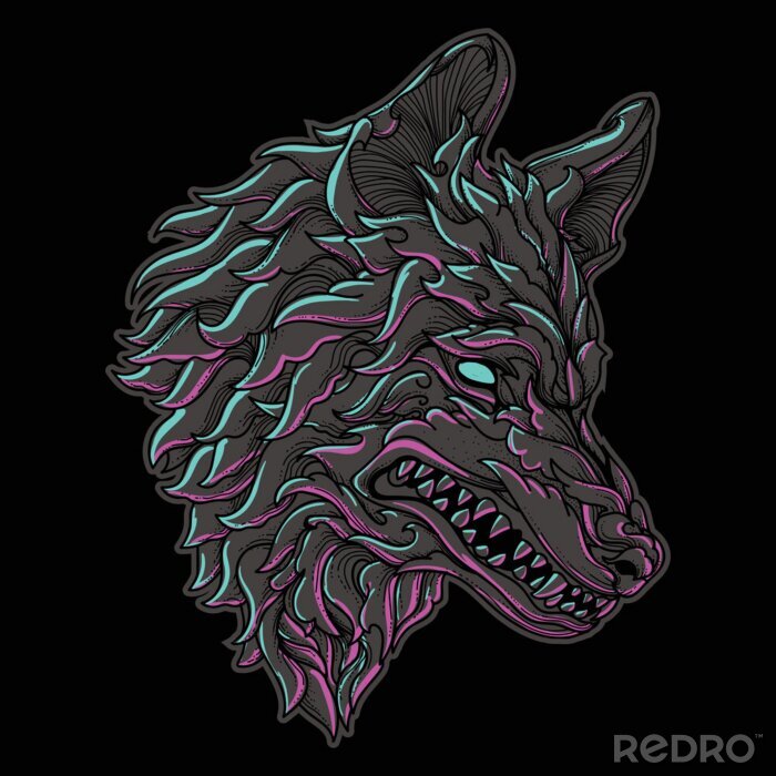 Sticker  artwork illustration and t-shirt design wolf head engraving ornament premium vector