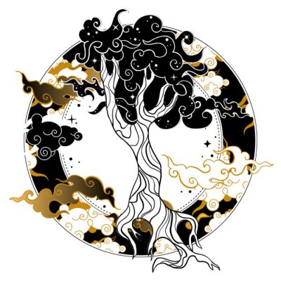 Sticker  Asian style tattoo with tree. Boho, gothic, witchy vibes.