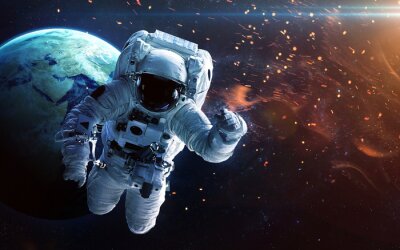 Astronaute 3D de l'espace extra-atmosphérique sur le fond de la Terre