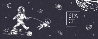 Sticker  Astronaute dans l'espace promenant son chien