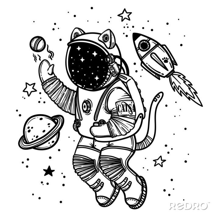 Sticker  Astronaute de chat jouant avec des planètes