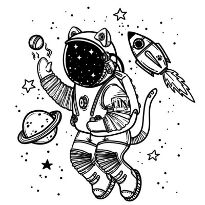 Sticker  Astronaute de chat jouant avec des planètes