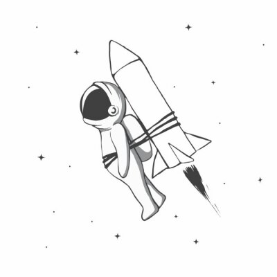 Sticker  Astronaute de l'espace attaché avec une corde à une fusée