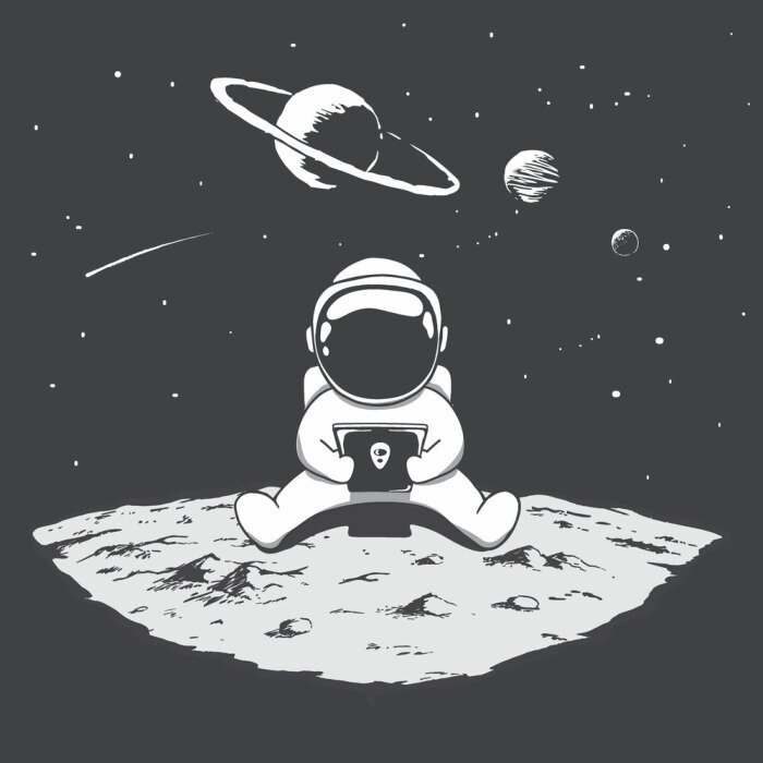 Sticker  Astronaute mignon est assis sur la lune et jouant sur un smartphone. Illustration vectorielle spatiale