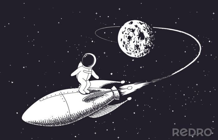 Sticker  astronaute vole de la lune sur la fusée. Illustration vectorielle en Chine.