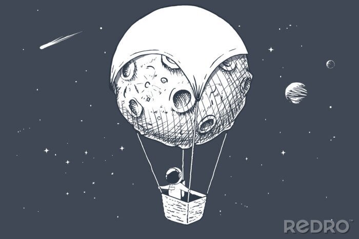 Sticker  astronaute voyage en aérostat en lune